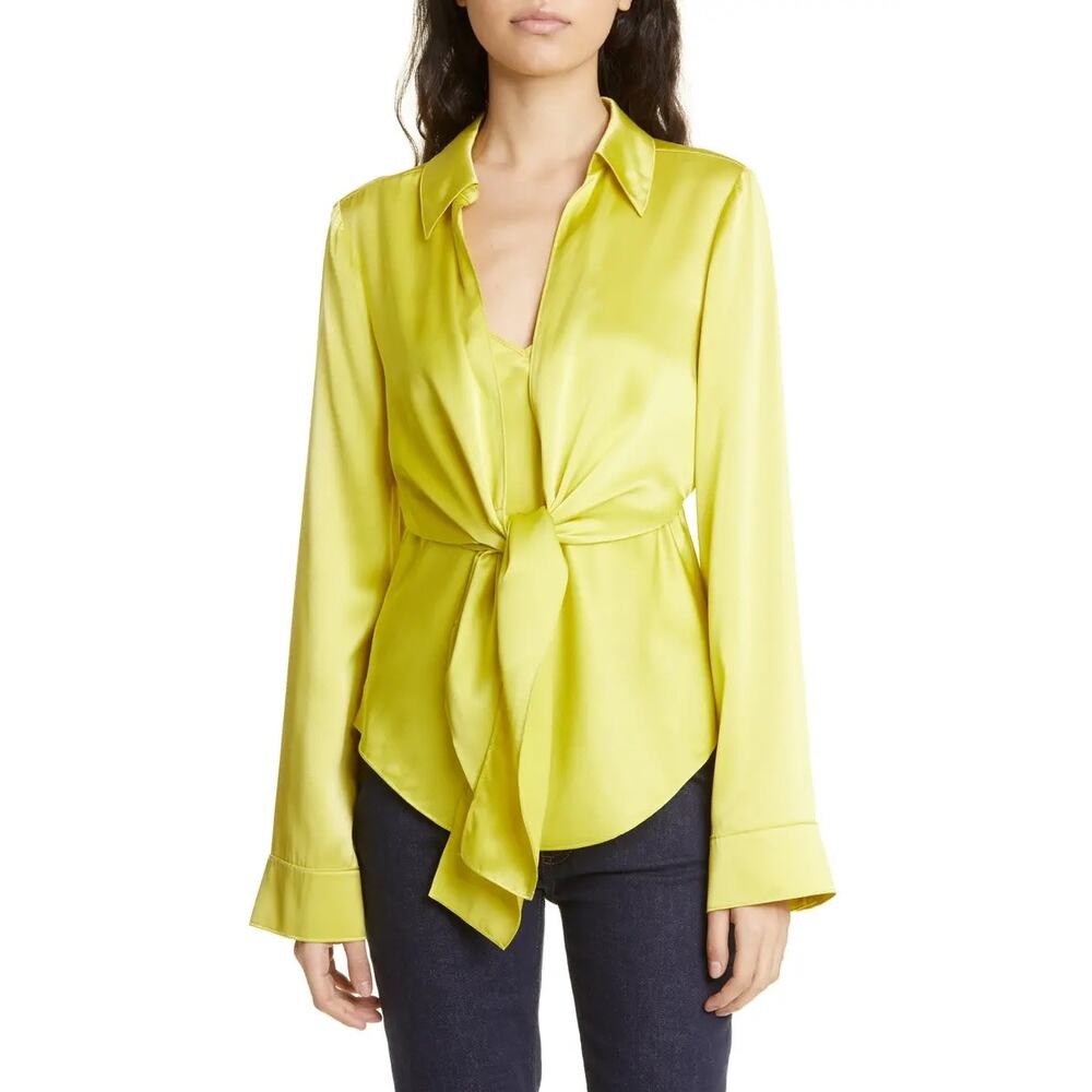 Cinq à Sept Ally Tie Front Silk Top Yellow Large NWT